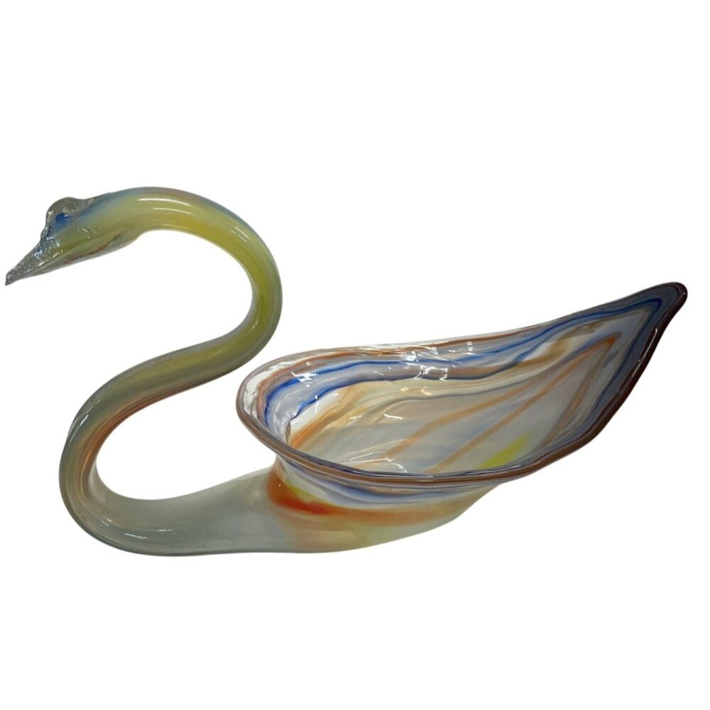 Handcrafted‎ Sooner Art Glass Swan Sculpture Centerpiece Swirled Bowl